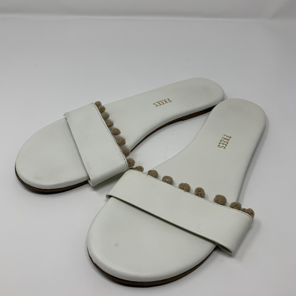 TKEES Shoes Womens Size 9 White Leather Slide Sandals Fur Trim Flat Slip On
